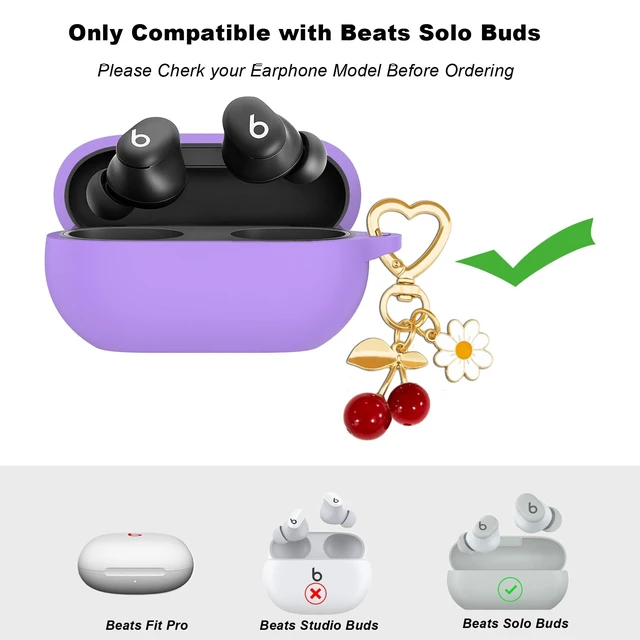 Alt view image 2 of 7 - Protective Case for Beats Solo Buds Case Cover with Cute Cherry Charm Heart Keychain, Soft Silicone Daisy Key Chains Accessories for New Beats Solo Charging Case Earbuds Lavender Purple