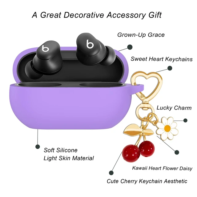 Alt view image 4 of 7 - Protective Case for Beats Solo Buds Case Cover with Cute Cherry Charm Heart Keychain, Soft Silicone Daisy Key Chains Accessories for New Beats Solo Charging Case Earbuds Lavender Purple
