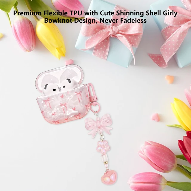 Alt view image 4 of 7 - for Airpods 4 Case Clear,Cute Shell Girly Bow Tie Kawaii Heart Protective Soft TP for Airpods 4th Generation Case Cover with Bowknot Flower Heart Keychain&Cleaning Pen Women Girls