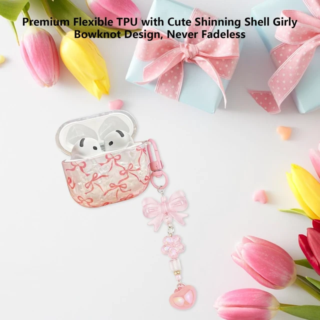 Alt view image 2 of 7 - for Airpods 4 Case Clear,Cute Shell Girly Bow Tie Kawaii Ribbon Protective Soft TP for Airpods 4th Generation Case Cover with Bowknot Flower Heart Keychain&Cleaning Pen Women Girls