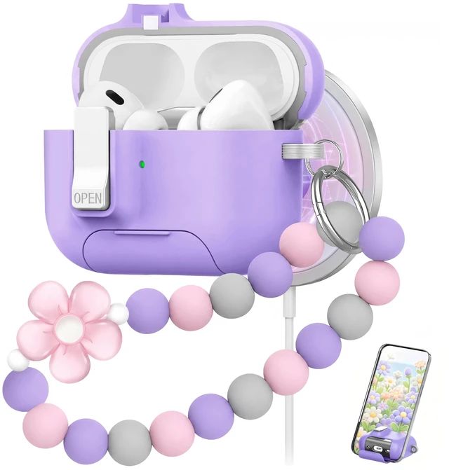 Main image of for AirPods Pro 3 Case Magnetic & Safty Lock Phone Stand Purple Compatible with Air Pods Pro 3rd Generation Hard Shell for Women Girls with Cute Bling Girly Flower Keychain Charm Strap