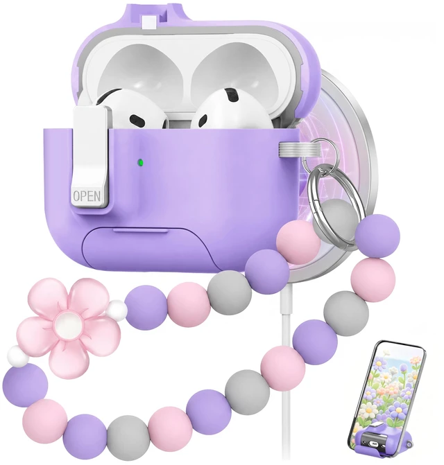 Main image of for AirPods 5 4 Case Magnetic with Safty Lock Phone Stand Purple Compatible with Air Pods 5th/4th Generation Cover for Women Girls with Cute Bling Girly Flower Keychain Charm Strap
