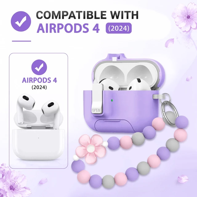 Alt view image 2 of 7 - for AirPods 5 4 Case Magnetic with Safty Lock Phone Stand Purple Compatible with Air Pods 5th/4th Generation Cover for Women Girls with Cute Bling Girly Flower Keychain Charm Strap