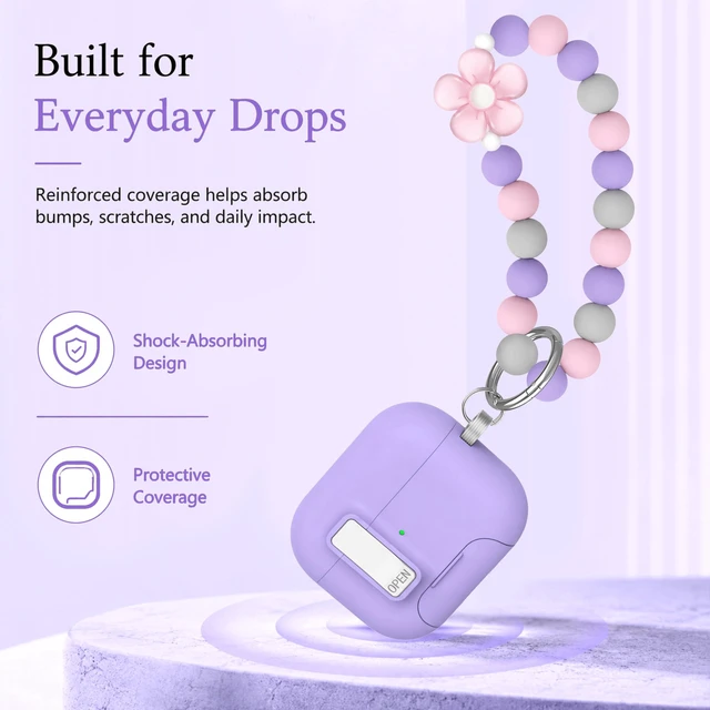Alt view image 3 of 7 - for AirPods 5 4 Case Magnetic with Safty Lock Phone Stand Purple Compatible with Air Pods 5th/4th Generation Cover for Women Girls with Cute Bling Girly Flower Keychain Charm Strap