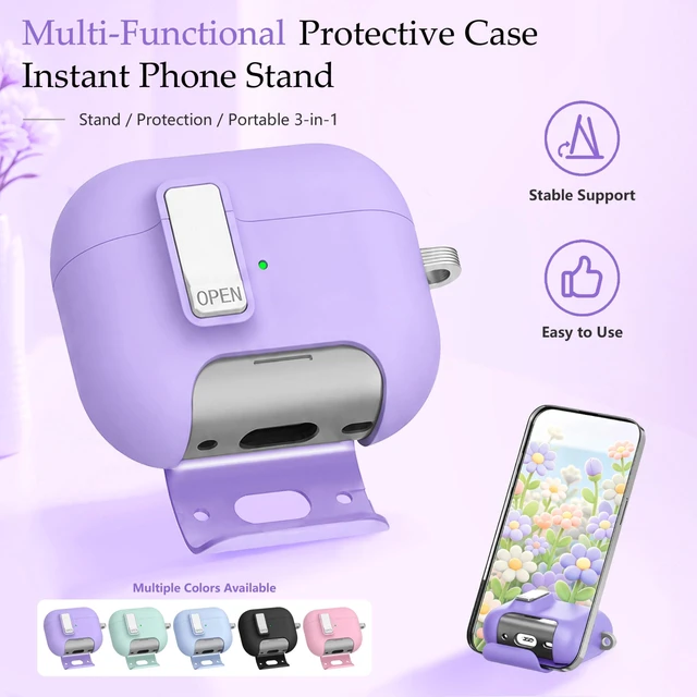 Alt view image 5 of 7 - for AirPods 5 4 Case Magnetic with Safty Lock Phone Stand Purple Compatible with Air Pods 5th/4th Generation Cover for Women Girls with Cute Bling Girly Flower Keychain Charm Strap