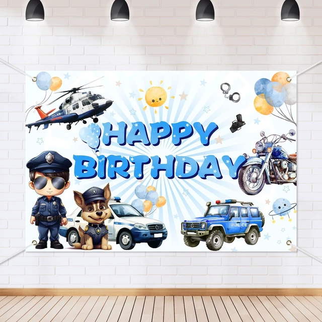Main image of Policeman Happy Birthday Backdrop Banner Cartoon Police Car Helicopter Dog Police Theme Background Decor for Kids Boys Girls Birthday Party Favors Decorations Supplies 72x43in
