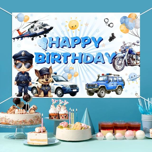 Alt view image 2 of 7 - Policeman Happy Birthday Backdrop Banner Cartoon Police Car Helicopter Dog Police Theme Background Decor for Kids Boys Girls Birthday Party Favors Decorations Supplies 72x43in