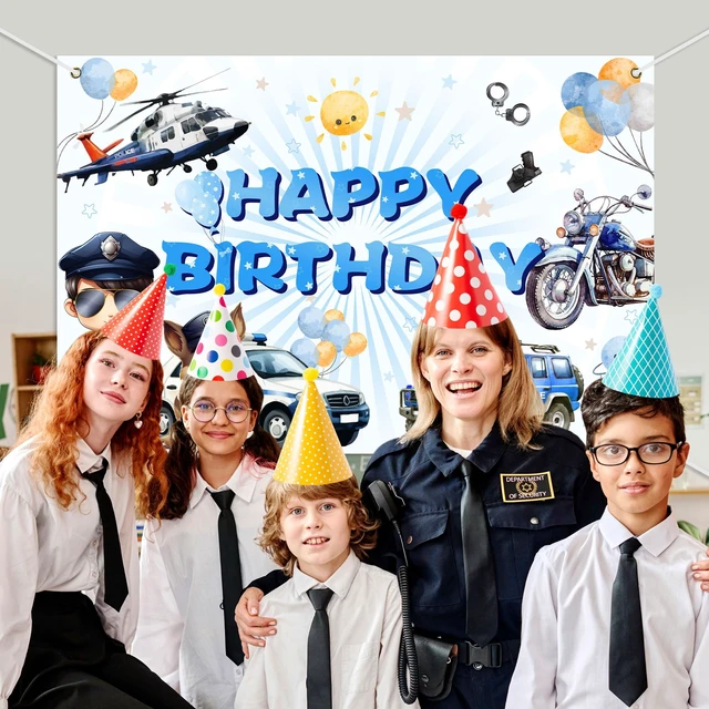 Alt view image 3 of 7 - Policeman Happy Birthday Backdrop Banner Cartoon Police Car Helicopter Dog Police Theme Background Decor for Kids Boys Girls Birthday Party Favors Decorations Supplies 72x43in