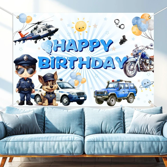 Alt view image 5 of 7 - Policeman Happy Birthday Backdrop Banner Cartoon Police Car Helicopter Dog Police Theme Background Decor for Kids Boys Girls Birthday Party Favors Decorations Supplies 72x43in