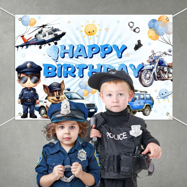 Alt view image 4 of 7 - Policeman Happy Birthday Backdrop Banner Cartoon Police Car Helicopter Dog Police Theme Background Decor for Kids Boys Girls Birthday Party Favors Decorations Supplies 72x43in