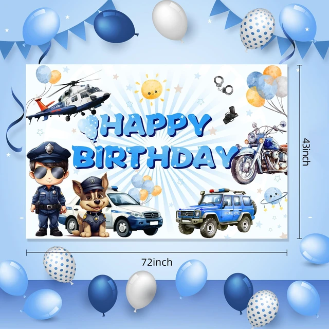 Alt view image 7 of 7 - Policeman Happy Birthday Backdrop Banner Cartoon Police Car Helicopter Dog Police Theme Background Decor for Kids Boys Girls Birthday Party Favors Decorations Supplies 72x43in