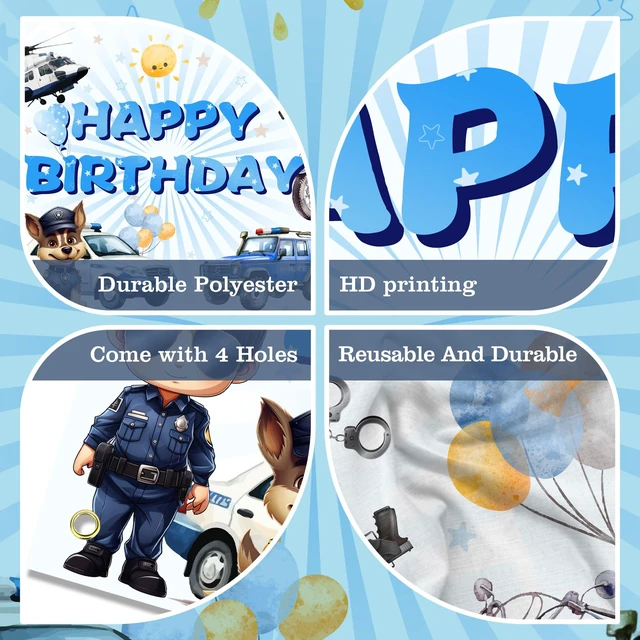 Alt view image 6 of 7 - Policeman Happy Birthday Backdrop Banner Cartoon Police Car Helicopter Dog Police Theme Background Decor for Kids Boys Girls Birthday Party Favors Decorations Supplies 72x43in