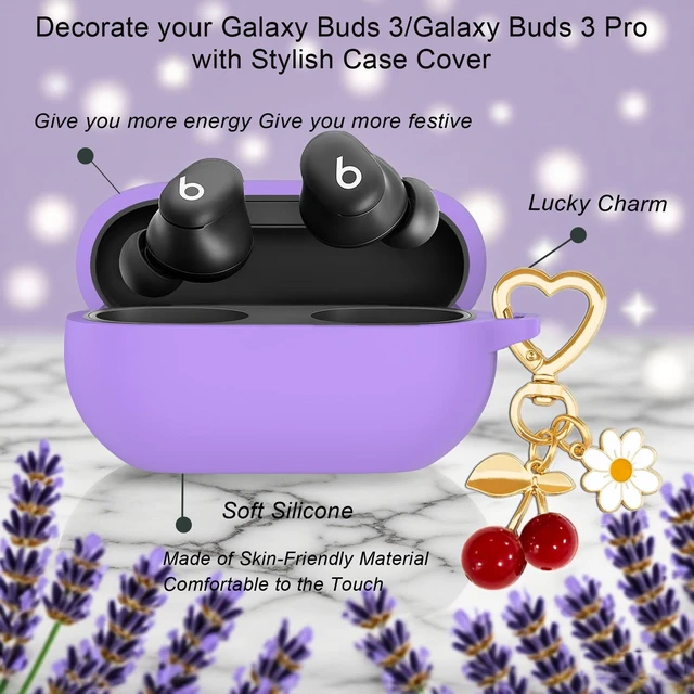 Alt view image 7 of 7 - Protective Case for Beats Solo Buds Case Cover with Cute Cherry Charm Heart Keychain, Soft Silicone Daisy Key Chains Accessories for New Beats Solo Charging Case Earbuds Lavender Purple