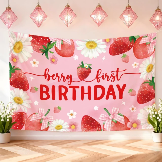 Alt view image 2 of 7 - Berry First Birthday Party Decorations Backdrop Sweet One Birthday Party Backdrop Banner for Girls Strawberry Theme Birthday Party Supplies 7FT*5FT