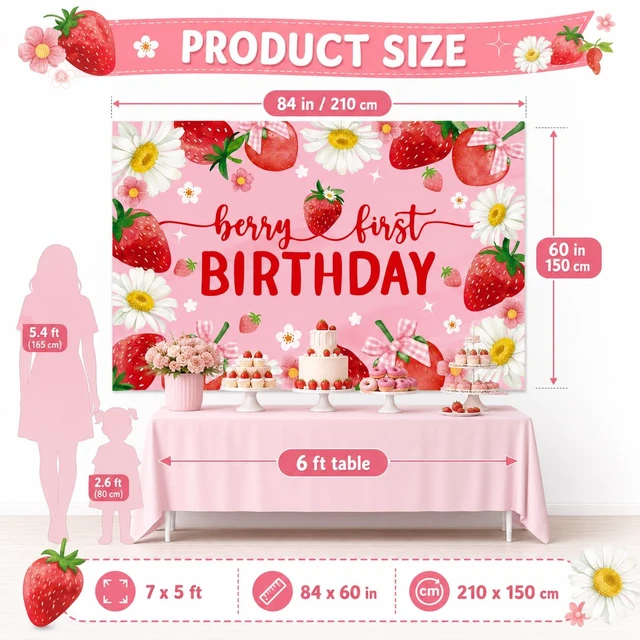 Alt view image 3 of 7 - Berry First Birthday Party Decorations Backdrop Sweet One Birthday Party Backdrop Banner for Girls Strawberry Theme Birthday Party Supplies 7FT*5FT