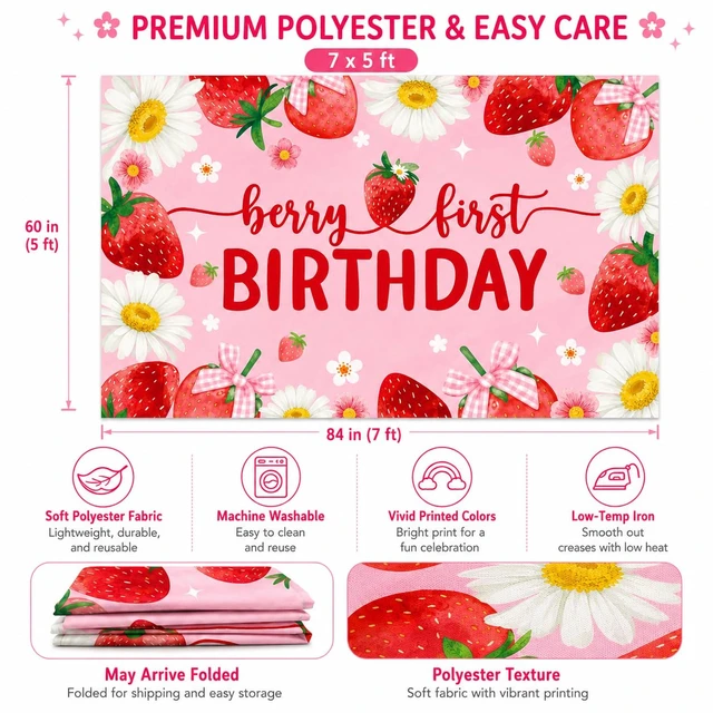 Alt view image 4 of 7 - Berry First Birthday Party Decorations Backdrop Sweet One Birthday Party Backdrop Banner for Girls Strawberry Theme Birthday Party Supplies 7FT*5FT