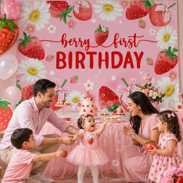 Alt view image 6 of 7 - Berry First Birthday Party Decorations Backdrop Sweet One Birthday Party Backdrop Banner for Girls Strawberry Theme Birthday Party Supplies 7FT*5FT