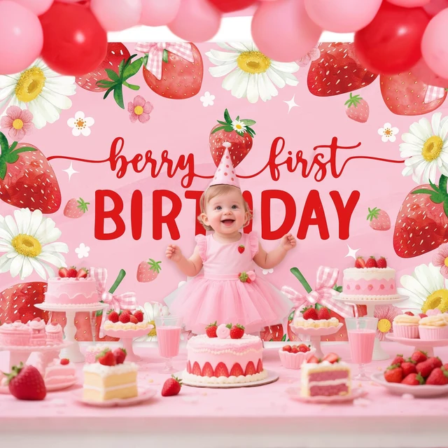 Alt view image 5 of 7 - Berry First Birthday Party Decorations Backdrop Sweet One Birthday Party Backdrop Banner for Girls Strawberry Theme Birthday Party Supplies 7FT*5FT