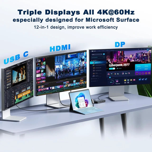 Alt view image 2 of 7 - Surface Docking Station Triple Displays 4K@60Hz Surface Dock 2 with 120W Adapter Travel Hub for Surface Pro 12/11/10/9/8/X/7+/7, Surface Laptop 7/6/5/4/3,Surface Go/Laptop Go 4/3/2/1,Book