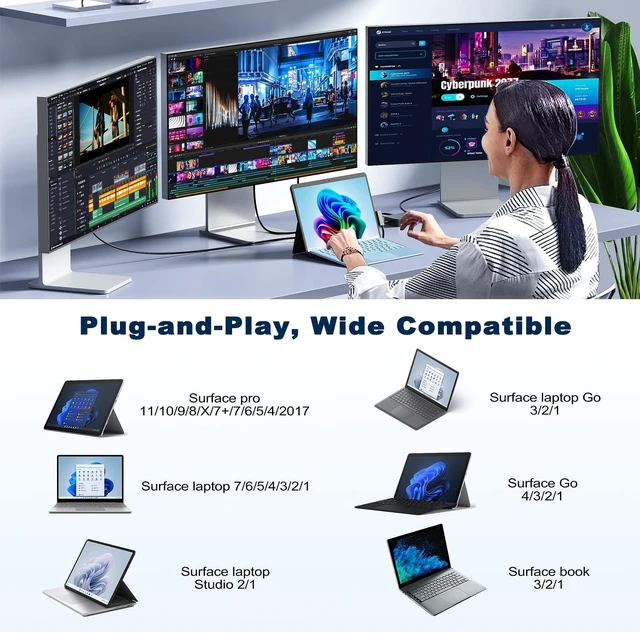 Alt view image 4 of 7 - Surface Docking Station Triple Displays 4K@60Hz Surface Dock 2 with 120W Adapter Travel Hub for Surface Pro 12/11/10/9/8/X/7+/7, Surface Laptop 7/6/5/4/3,Surface Go/Laptop Go 4/3/2/1,Book