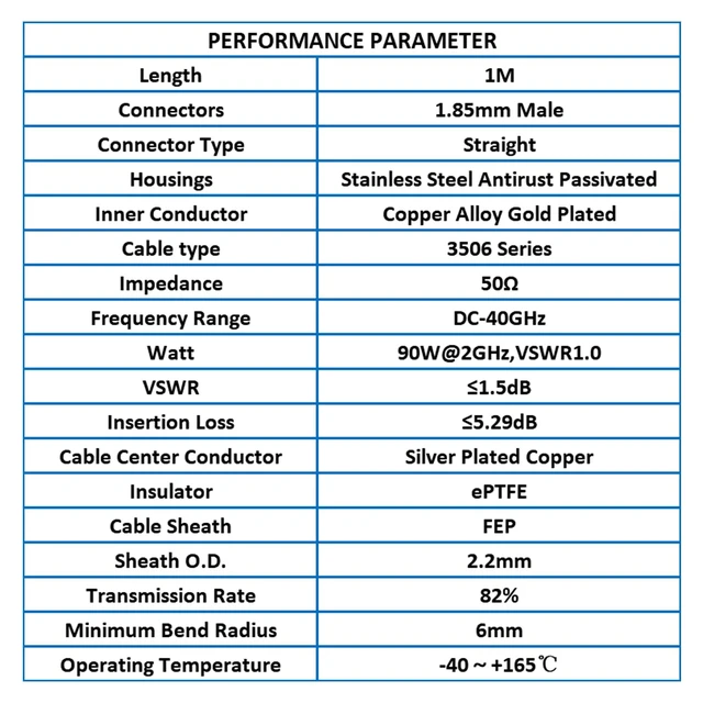 Alt view image 3 of 5 - TOJOIN 1.85mm Male to Male RF coaxial Cable/Coaxial Cable/RF Cable Assembly, 3506 Series DC to 40GHz, 50 ohm, 3.28FT (1M), for 4G/ 5G/Antenna 1PCS