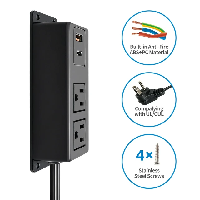 Alt view image 3 of 6 - Power Strip with USB C Port Fast Charge Wall Mounted Flat Plug 2AC Outlets Mountable Desk Charge Station 6.56 Feet Extension Cord for Desktop Desk Conference Table Cabinet Workbench