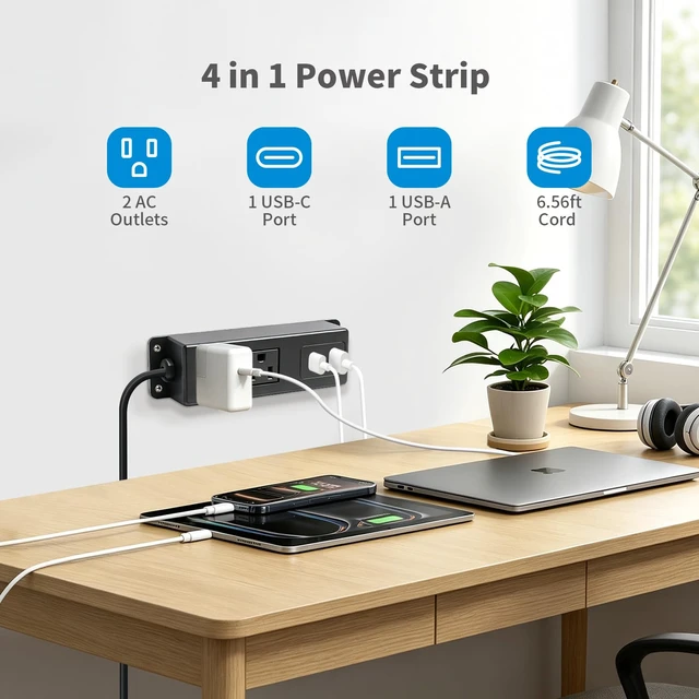 Alt view image 4 of 6 - Power Strip with USB C Port Fast Charge Wall Mounted Flat Plug 2AC Outlets Mountable Desk Charge Station 6.56 Feet Extension Cord for Desktop Desk Conference Table Cabinet Workbench