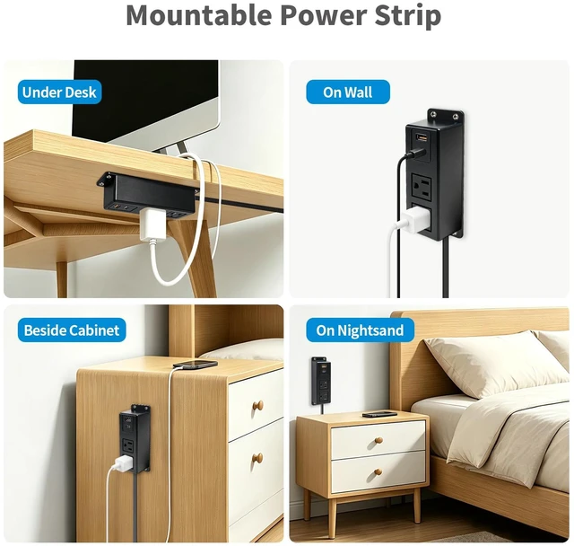 Alt view image 5 of 6 - Power Strip with USB C Port Fast Charge Wall Mounted Flat Plug 2AC Outlets Mountable Desk Charge Station 6.56 Feet Extension Cord for Desktop Desk Conference Table Cabinet Workbench