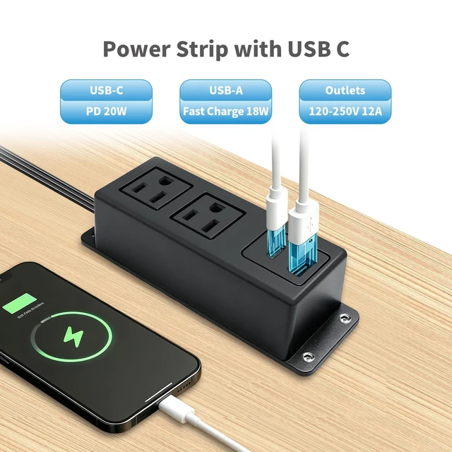 Alt view image 6 of 6 - Power Strip with USB C Port Fast Charge Wall Mounted Flat Plug 2AC Outlets Mountable Desk Charge Station 6.56 Feet Extension Cord for Desktop Desk Conference Table Cabinet Workbench