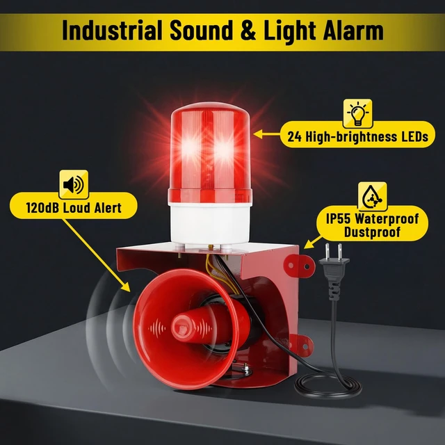 Alt view image 3 of 7 - AC110V Industrial Siren Alarm Strobe Light, 120dB Loud Horn & Red Beacon, Waterproof Outdoor Security Alarm for Factory, Office, Warehouse, Emergency, Fires, Tornado, Intruder Alert (120dB)