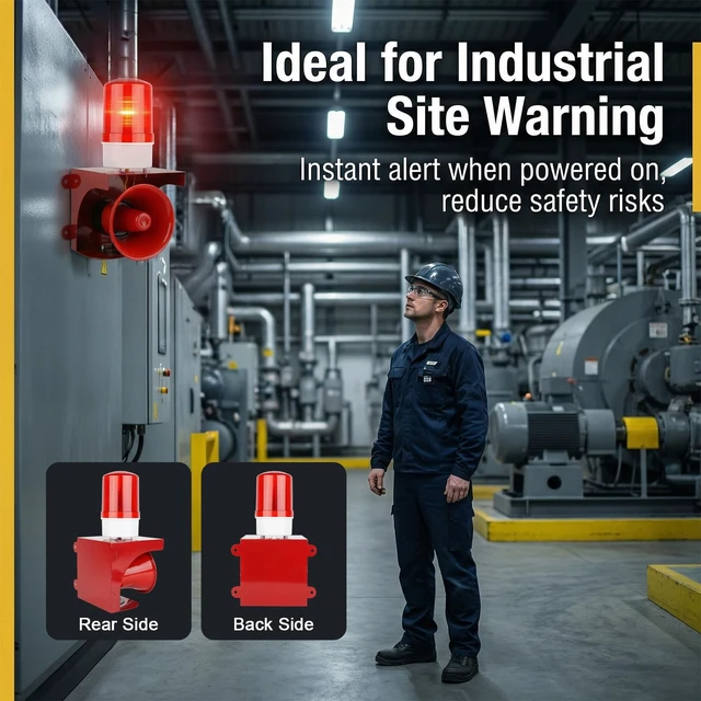 Alt view image 4 of 7 - AC110V Industrial Siren Alarm Strobe Light, 120dB Loud Horn & Red Beacon, Waterproof Outdoor Security Alarm for Factory, Office, Warehouse, Emergency, Fires, Tornado, Intruder Alert (120dB)