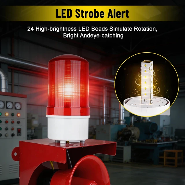 Alt view image 5 of 7 - AC110V Industrial Siren Alarm Strobe Light, 120dB Loud Horn & Red Beacon, Waterproof Outdoor Security Alarm for Factory, Office, Warehouse, Emergency, Fires, Tornado, Intruder Alert (120dB)