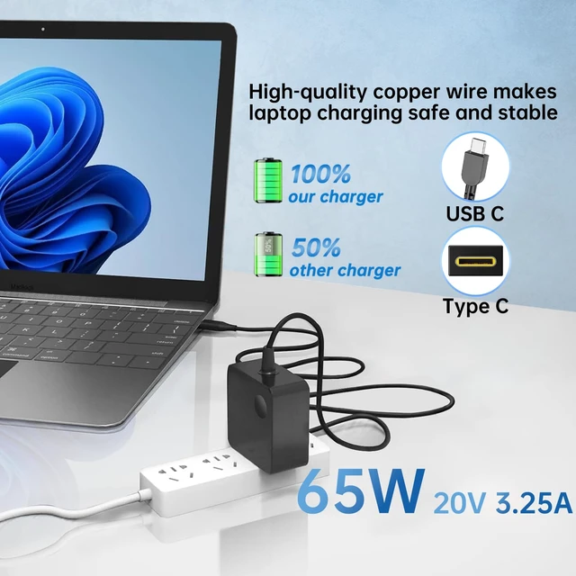 Alt view image 6 of 7 - 65W USB C Laptop Charger Compatible with Lenovo Thinkpad T14 T15 Yoga ThinkBook 14 16 Chromebook Computer Type C Fast Charging Power Supply Adapter Cord