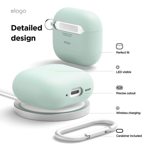 Alt view image 6 of 7 - Liquid Silicone Case for AirPods 5 & AirPods 4 Triple Layer Protection, Carabiner Included, Supports Wireless Charging, Shock Resistant (Mint)