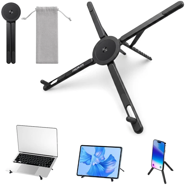 Main image of 3-in-1 Portable Laptop Stand Magnetic Phone Holder Foldable Riser 8-Level Height Adjustable All Aluminum Design Anti-slip Silicone Head for Home Travel Desk, Black
