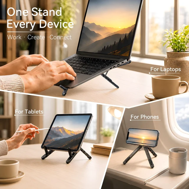 Alt view image 2 of 7 - 3-in-1 Portable Laptop Stand Magnetic Phone Holder Foldable Riser 8-Level Height Adjustable All Aluminum Design Anti-slip Silicone Head for Home Travel Desk, Black