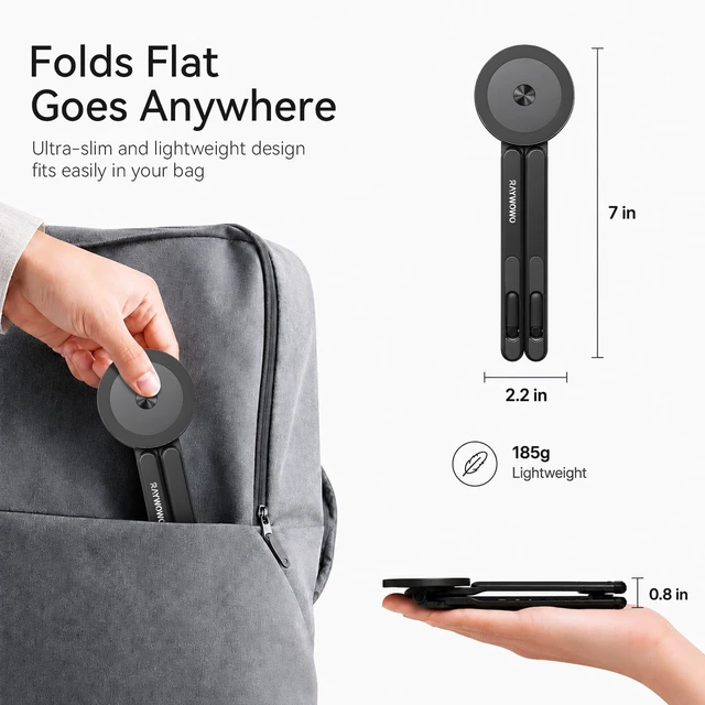 Alt view image 3 of 7 - 3-in-1 Portable Laptop Stand Magnetic Phone Holder Foldable Riser 8-Level Height Adjustable All Aluminum Design Anti-slip Silicone Head for Home Travel Desk, Black