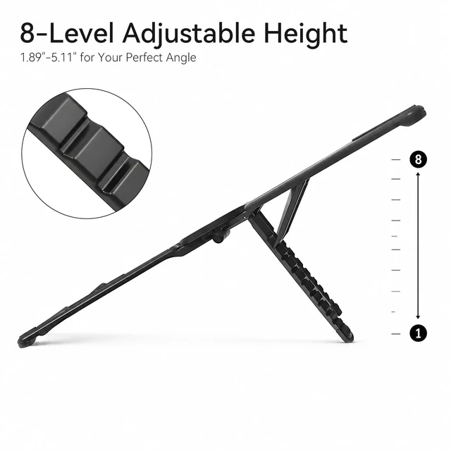 Alt view image 4 of 7 - 3-in-1 Portable Laptop Stand Magnetic Phone Holder Foldable Riser 8-Level Height Adjustable All Aluminum Design Anti-slip Silicone Head for Home Travel Desk, Black