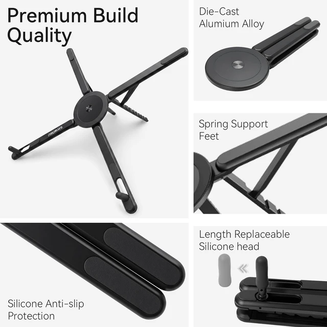 Alt view image 5 of 7 - 3-in-1 Portable Laptop Stand Magnetic Phone Holder Foldable Riser 8-Level Height Adjustable All Aluminum Design Anti-slip Silicone Head for Home Travel Desk, Black