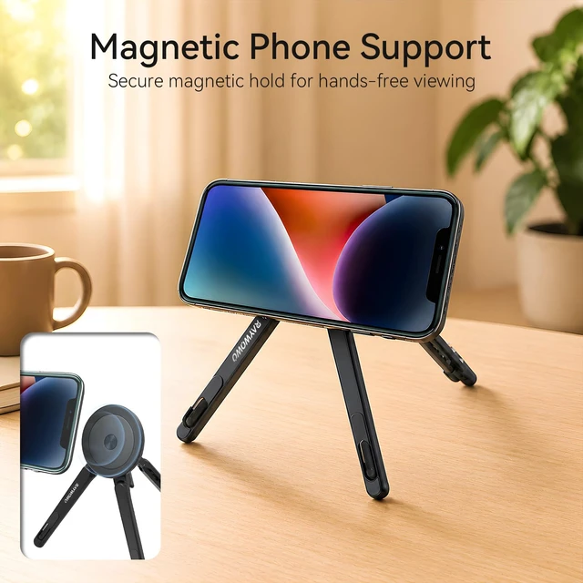 Alt view image 6 of 7 - 3-in-1 Portable Laptop Stand Magnetic Phone Holder Foldable Riser 8-Level Height Adjustable All Aluminum Design Anti-slip Silicone Head for Home Travel Desk, Black