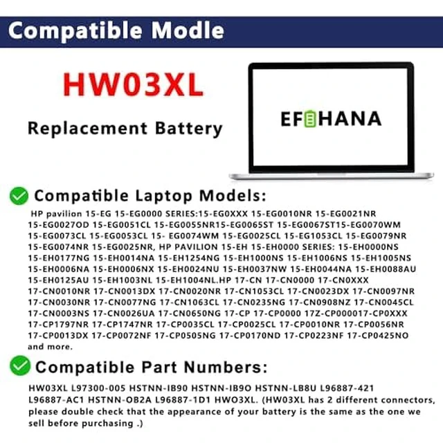 Alt view image 4 of 7 - HW03XL L97300-005 Laptop Battery Replacement for HP Pavilion 15-EG 15-EG00000 15-EH 15-EH0090WM 15T-EG 15Z-EH 17-CN 17-CP 17S-CU 17T-CN 17Z-CP Series L96887-421 TPN-C131 HSTNN-IB90 HWO3XL