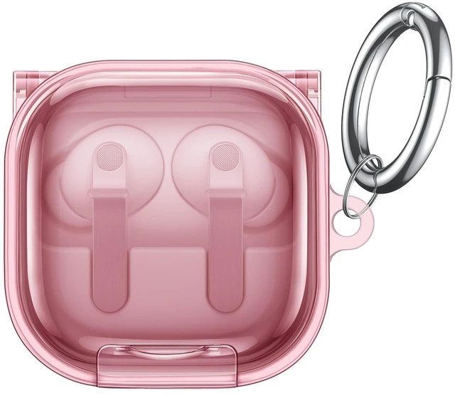 Main image of Safety Lock Case for Galaxy Buds 4 Pro/4, Clear Pink Carabiner Clip, Transparent TPU, Shockproof Cover, Supports Wireless Charging