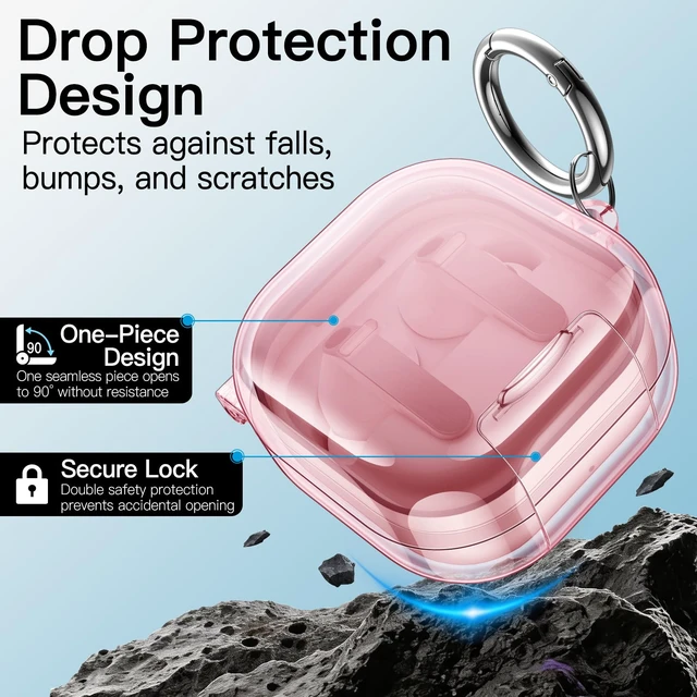 Alt view image 3 of 7 - Safety Lock Case for Galaxy Buds 4 Pro/4, Clear Pink Carabiner Clip, Transparent TPU, Shockproof Cover, Supports Wireless Charging