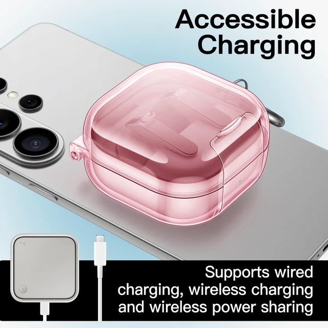 Alt view image 5 of 7 - Safety Lock Case for Galaxy Buds 4 Pro/4, Clear Pink Carabiner Clip, Transparent TPU, Shockproof Cover, Supports Wireless Charging