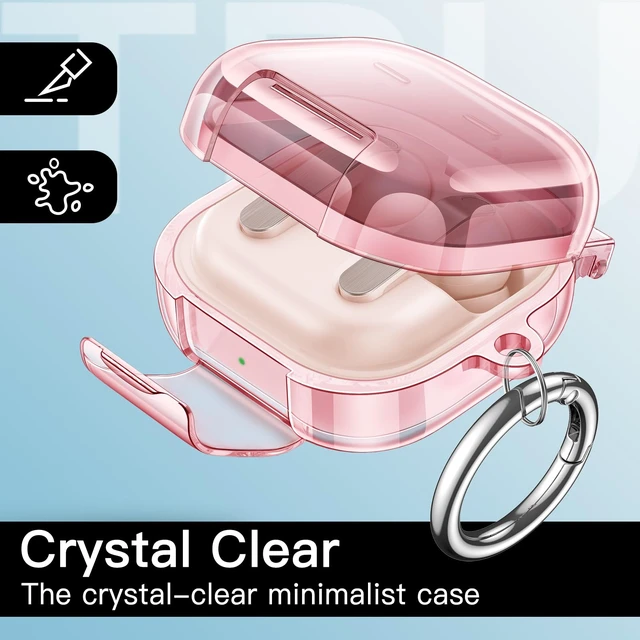 Alt view image 6 of 7 - Safety Lock Case for Galaxy Buds 4 Pro/4, Clear Pink Carabiner Clip, Transparent TPU, Shockproof Cover, Supports Wireless Charging