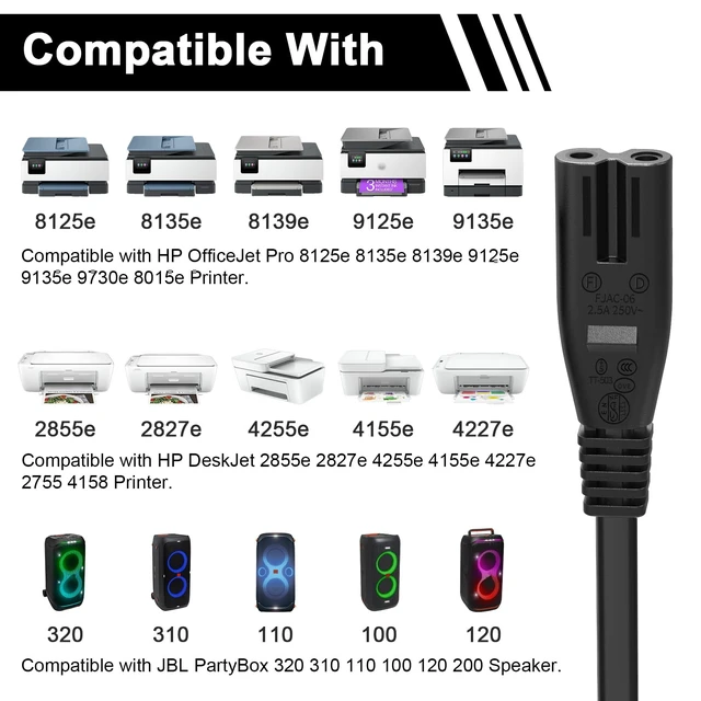 Alt view image 2 of 7 - Printer Power Cord for HP OfficeJet Pro 8125e 8135e 8139e 9125e 9135e 9730e 8015e for HP DeskJet 2855e 2827e 4255e 4155e 4227e 2755 4158 Printer for JBL PartyBox 320 310 110 100 120 200 Speaker 10 FT