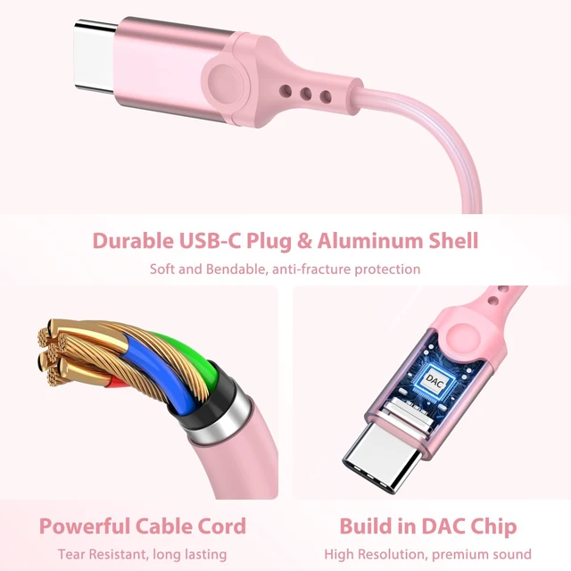 Alt view image 3 of 7 - USB C Headphones Earbuds DAC HiFi Stereo Headset Mic Volume Control Pink Type C Wired Earphones for iPad 10th Gen for Google Pixel 11 Pro XL 9 for Galaxy S26 S25 for iPhone Duo 15 17 16 18 Pro Max