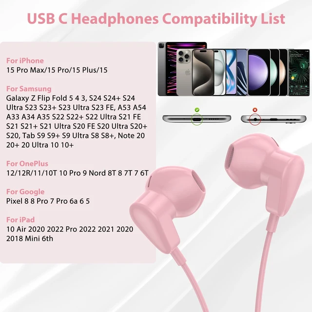 Alt view image 4 of 7 - USB C Headphones Earbuds DAC HiFi Stereo Headset Mic Volume Control Pink Type C Wired Earphones for iPad 10th Gen for Google Pixel 11 Pro XL 9 for Galaxy S26 S25 for iPhone Duo 15 17 16 18 Pro Max