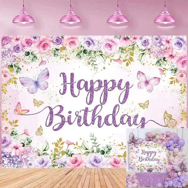 Main image of Purple Floral Happy Birthday Backdrop 7x5FT Watercolor Butterflies Flowers Photography Background Women Girls Birthday Party Decorations Cake Table Banner Photo Props