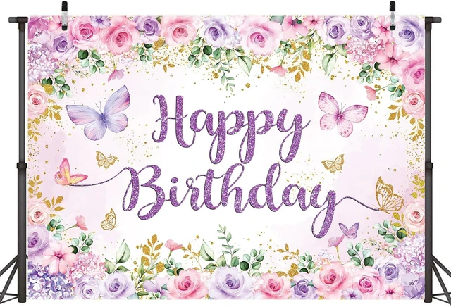 Alt view image 2 of 7 - Purple Floral Happy Birthday Backdrop 7x5FT Watercolor Butterflies Flowers Photography Background Women Girls Birthday Party Decorations Cake Table Banner Photo Props